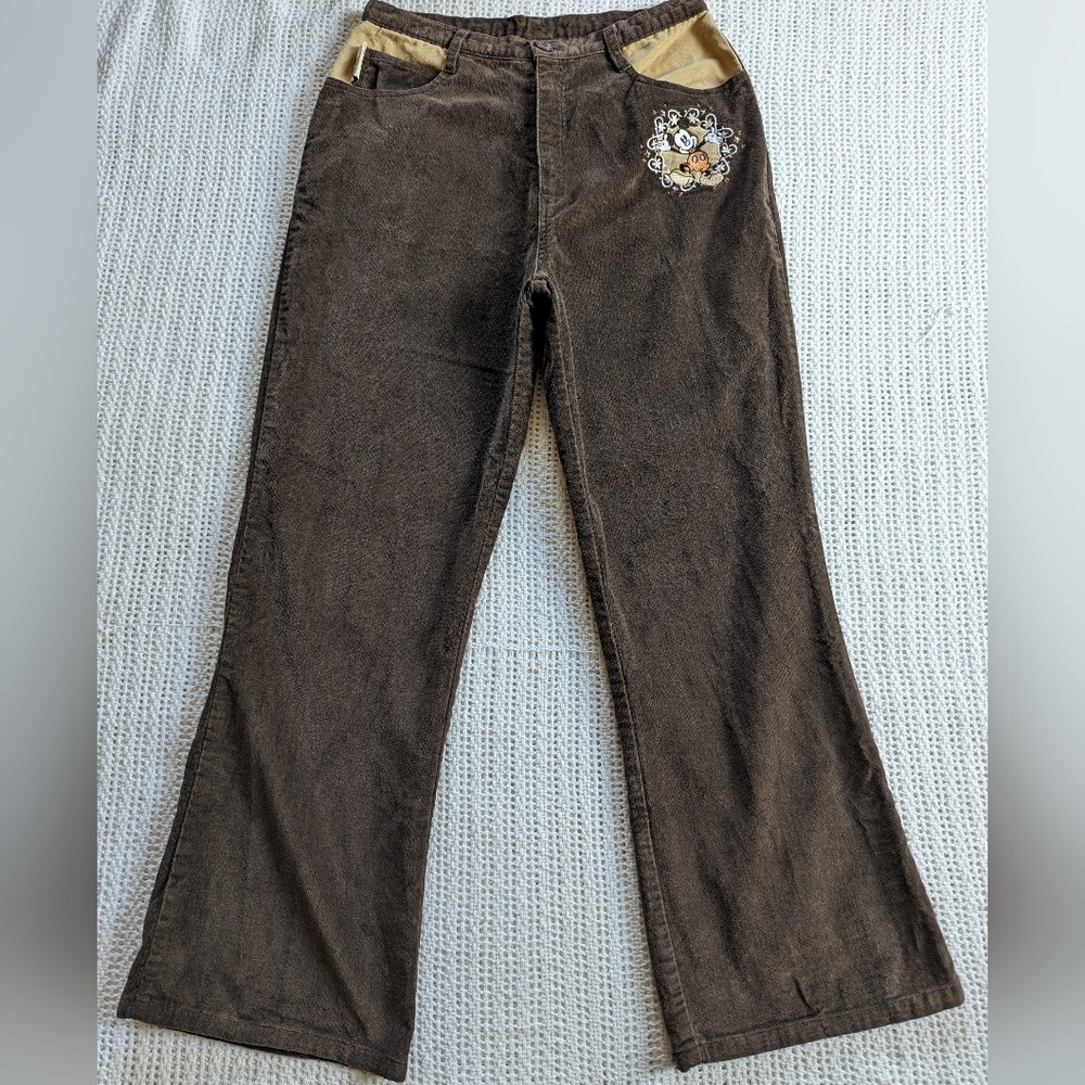 VTG Disney Mickey & Co Brown Velour High Waist Pants Embroidered Women's 4